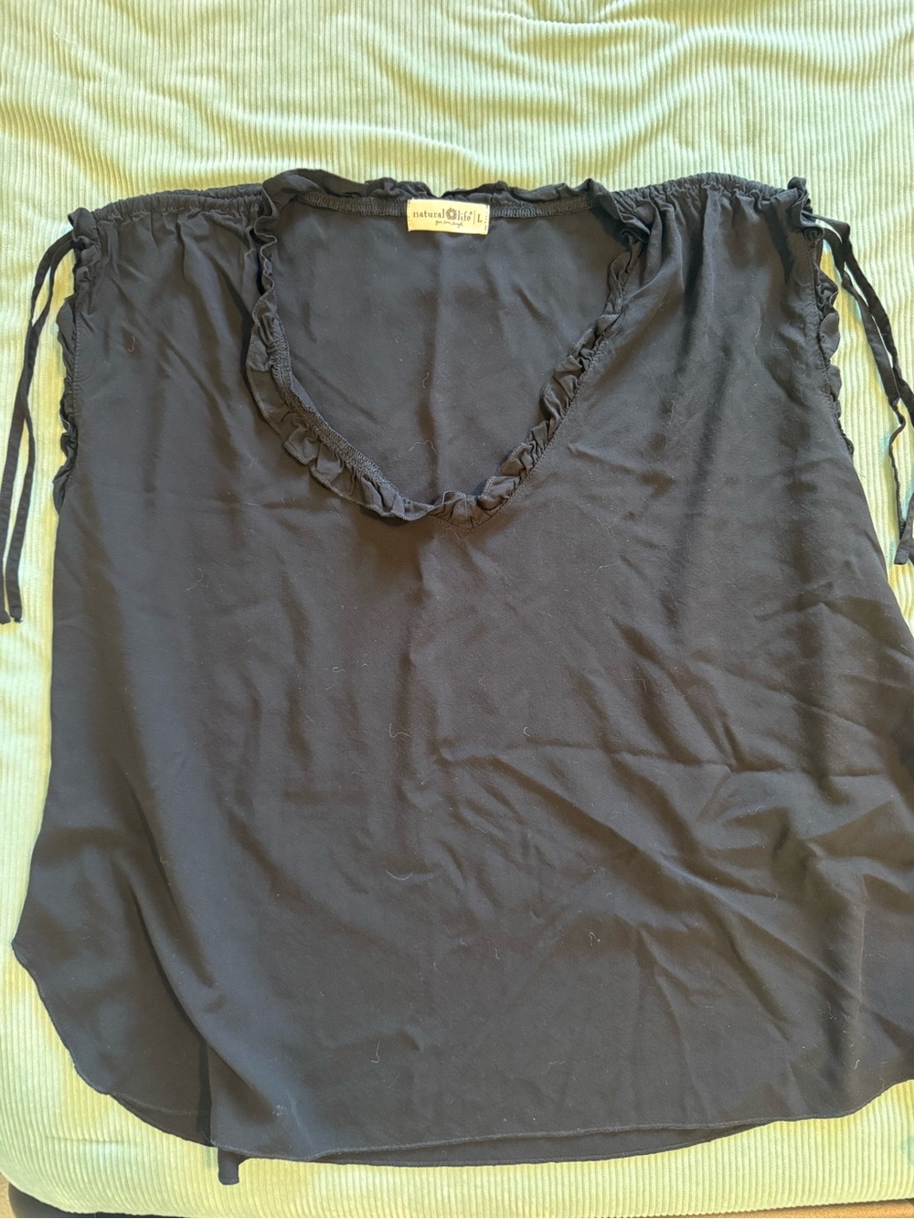 NATURAL LIFE Black Ruffle V-Neck Blouse with Shoulder Ties